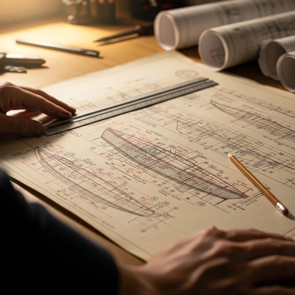 Person studying boat plans with tools on a table